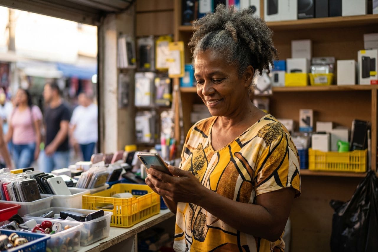Mulher olhando o celular no balcão de uma loja